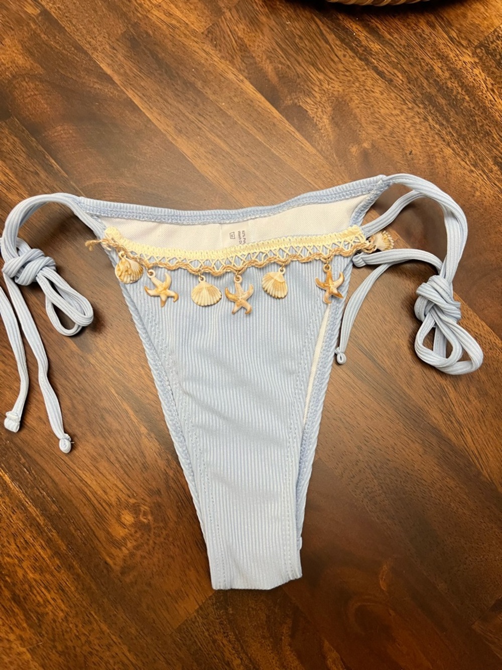 Light Blue Ribbed Crochet Trim Halter Shell Accents Side Tie Bikini Set - Picture 5 of 14